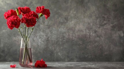 Mother's day with bright red carnation stems in glass vase isolated on concrete texture background with light and shadow. - obrazy, fototapety, plakaty