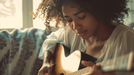 Portrait cropped a curly young woman guitarist enjoy playing guitar in home. AI generated image - obrazy, fototapety, plakaty