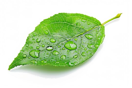 Fresh Clear Water Droplets On Green Leaf Isolated On White Background