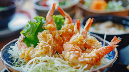 A close-up view of a bowl filled with food, prominently featuring shrimp as the main ingredient.