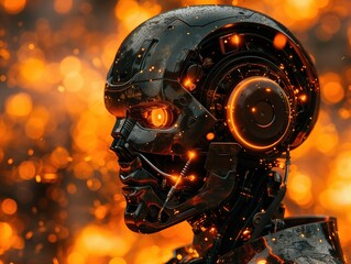 A.I. Apocalypse: Portrait of Evil Robot with Orange Eyes Amidst Raging Fire