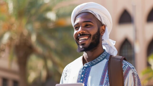 Delighted Arabian man studying on university outdoor summer vacation international exchange program.