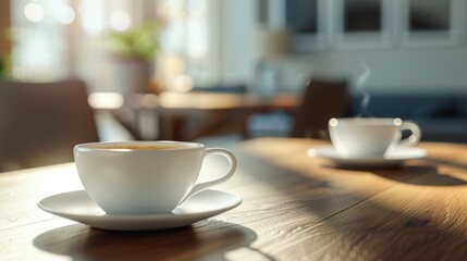 Close up a cup of coffee or tea on the table in the office blurred background. AI generated image