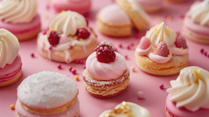 Obraz na płótnie Canvas Assortment of Danish pastries or flaky bakes with frosting on pink background, Side view, Elegant and delicious, Sweet and flaky, great variety of bakes, artisan