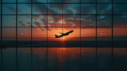 Silhouette of a plane taking off or landing in the sunset sky from an empty airport lobby. The...