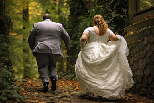 fat bride runs after a very fat groom, view from the background