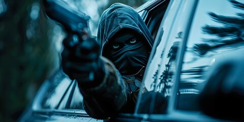 Masked car thief preparing to break into a vehicle. Concept Criminal Behavior, Car Theft, Masked Intruder, Illegal Activities, Security Breach