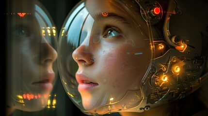 Futuristic Space Explorer: Side-On Portrait of Young Girl in Space Helmet with Gold Lighting