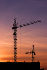 Shadows of two construction cranes on a sunset background.