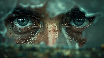 Intense Close-Up: Sweaty Man with Blue Eyes Peering Through Broken Glass - obrazy, fototapety, plakaty