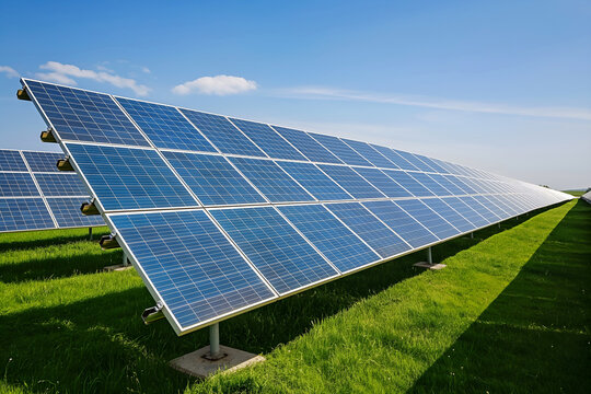 Modern Solar Panels In Vast Field Under Clear Blue Sunny Sky, Solar Photography, Solar Powered Clean Energy, Sustainable Resources, Electricity Source