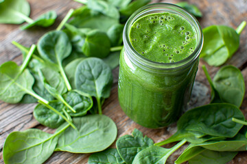Close-Up Green Smoothie In A Mason Jar Beside Fresh Spinach Leaves, Smoothie Beverage Photography, Drinks Menu Style Photo Image - obrazy, fototapety, plakaty