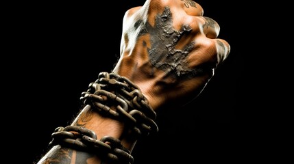 Tattooed man with chains on his hands and wrists.