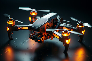 Drone flying with digital camera on dark background. 3D rendering