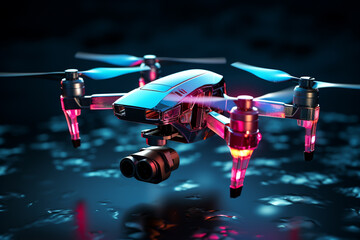 Drone flying with digital camera on dark background. 3D rendering