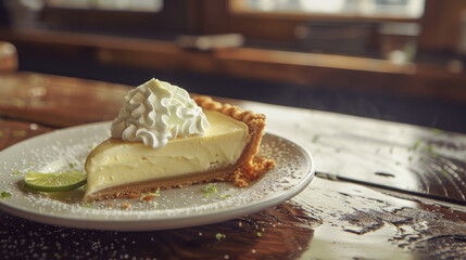 Key lime pie with whipped cream topping, Tangy and refreshing, Pub background with rustic charm
