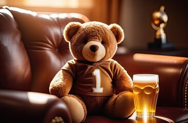Teddy Bear Football Fan Enjoying Game at Home. dressed in football jersey sits on sofa, beside glass of beer, trophy background, creating cozy and playful atmosphere. European football Championship - obrazy, fototapety, plakaty