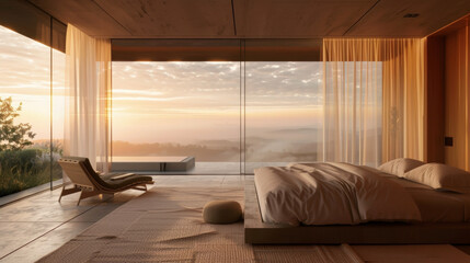 A minimalist dream come to life the rooms large windows perfectly capture a picturesque sunrise illuminating the sleek and refined . AI generation.