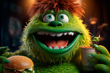 Fototapeta premium Funny character with red hair holding a hamburger and a glass of drink. Children's menu, snack