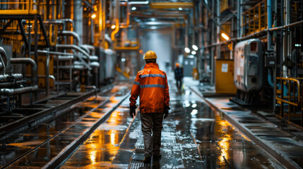An industrial worker in reflective orange gear walks down a wet corridor within a large industrial plant at night.