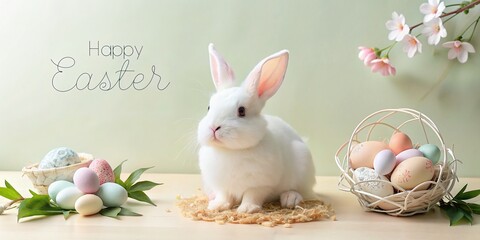 Naklejka na ściany i meble Bunny Rabbit with Basket of Easter Eggs and Springtime Flowers, holiday, Easter Flowers, Spring, Easter, greeting card, easter, holiday, Easter Bunny