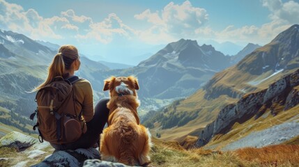 Adventurous tourist enjoying a breathtaking mountain view with her loyal dog companion - obrazy, fototapety, plakaty
