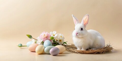 Adorable Easter Bunny on Pastel Background, holiday, Easter Flowers, Spring, Easter, greeting card, easter, holiday, Easter Bunny