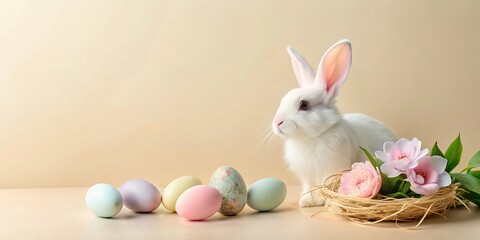 Naklejka na ściany i meble Adorable Easter Bunny with Pastel Background, holiday, Easter Flowers, Spring, Easter, greeting card, easter, holiday, Easter Bunny