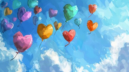 Colorful heart-shaped balloons floating in the sky, digital painting