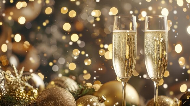 Champagne celebration, two glasses against a backdrop of festive decorations, embodying the spirit of celebration and luxury