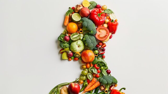Conceptual image of metabolism, with fruits and vegetables forming a human silhouette
