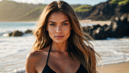 Attractive woman at the beach in Bora Bora Tahiti 