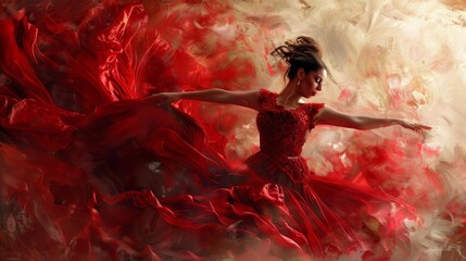 Dynamic digital painting of a passionate flamenco dancer in a swirling red dress, capturing the energy of the dance - obrazy, fototapety, plakaty