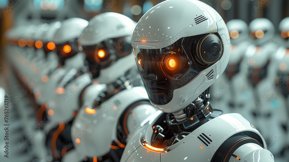Poster ai assembly: illustration portrays automated production line with robots in sequence.