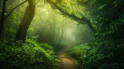Enchanted forest pathway leading through dense, mystical greenery