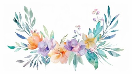 Enchanting Watercolor Floral Wreath with Olive Branches and Pastel Hues, Decorative Illustration - obrazy, fototapety, plakaty
