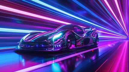 Futuristic 3D render of a sleek, high-tech electric sports car racing through a neon-lit tunnel