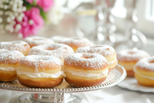 Close-Up Freshly Made Cream-filled Donuts Displayed On A Trays In Bakery Interior, Donuts Food Photography, Food Menu Style Photo Image