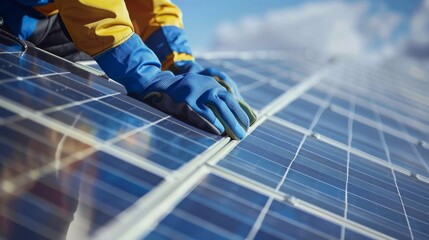 A closeup of a solar panel being inspected for quality control ensuring that it meets environmentally responsible production standards. . AI generation. - obrazy, fototapety, plakaty