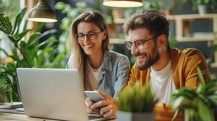Cheerful Colleagues with Technology in Green Cafe. Two joyful colleagues use a laptop and smartphone in a plant-filled cafe, sharing a light-hearted moment.