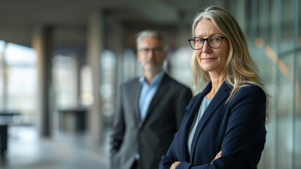 Corporate Leaders in Modern Office. In a bright corporate environment, a sophisticated woman with eyeglasses confidently stands in the foreground, accompanied by a distinguished man in glasses.
