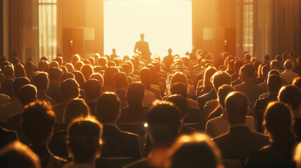 Speaker Silhouetted Against Sunset During Conference. The warm glow of sunset embraces a conference room, with a speaker's silhouette captured against the backdrop as the audience watches intently.