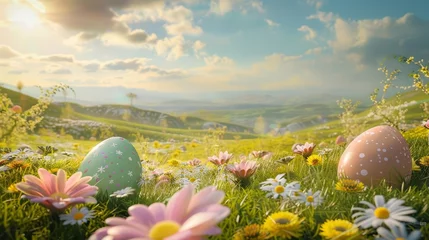 Poster Idyllic Easter landscape with vibrant eggs and daisies in a lush spring meadow © Bijac