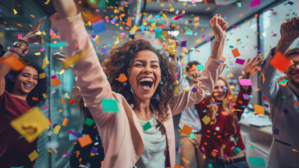 Joyful Celebration with Confetti in Office. Exuberant woman celebrating with colorful confetti, surrounded by cheerful colleagues in an office. - Powered by Adobe