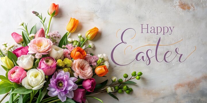 Vibrant Spring Flowers on White Background for Easter, holiday, Easter Flowers, Spring, Easter, greeting card, easter, holiday, Easter Bunny