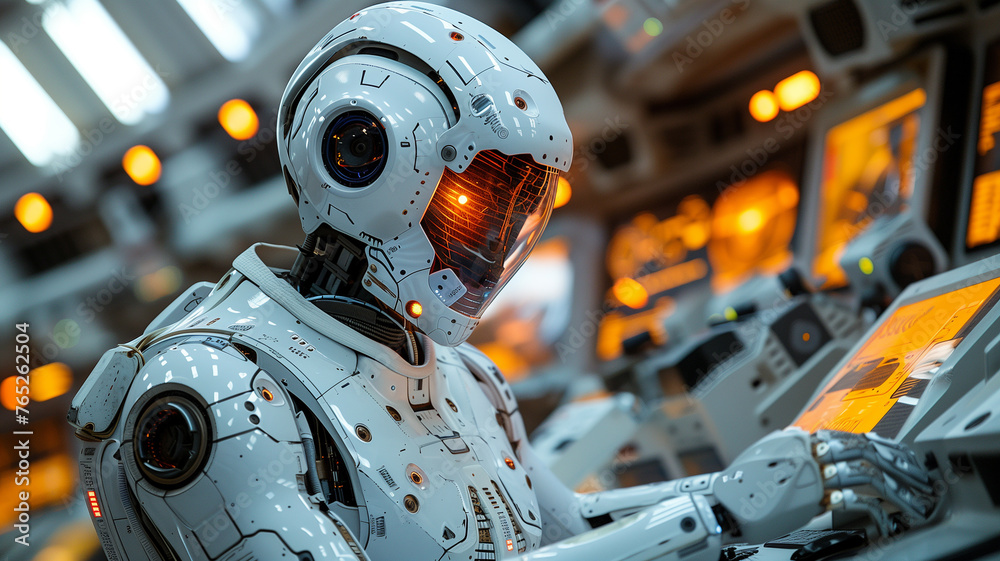 Poster cutting-edge automation: futuristic robot illustrates efficient workflow.