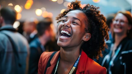 Obraz premium Joyful crowd laughing and engaging with dynamic speaker at bustling trade show event