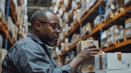 Logistics manager scanning packages in a bustling warehouse, ensuring efficient flow of goods - obrazy, fototapety, plakaty