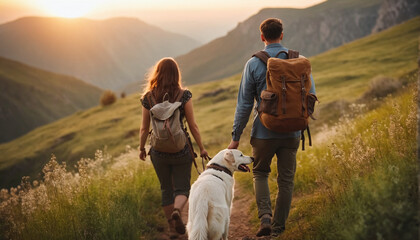Person or persons with dog on a hike through wonderful summer nature mountain landscapes in the afternoon - obrazy, fototapety, plakaty