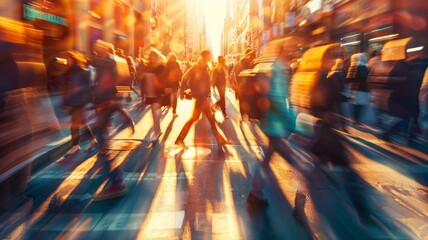 Blurred Motion of City Life at Sunset. The dynamic flow of pedestrians in blurred motion against a backdrop of urban sunset. - obrazy, fototapety, plakaty